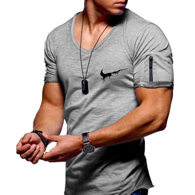 2019 new men's V-neck T-shirt fitness bodybuilding T-shirt high street summer short-sleeved zipper casual cotton top