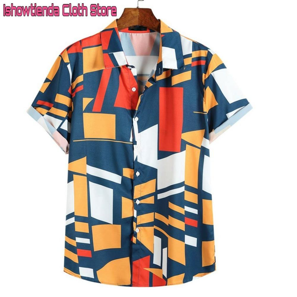 WholeSale 2019 Summer&Autum Men Contrast Color Geometric Print Turn Down Collar Short/Long Sleeve Loose Shirts Plus Size Camisa