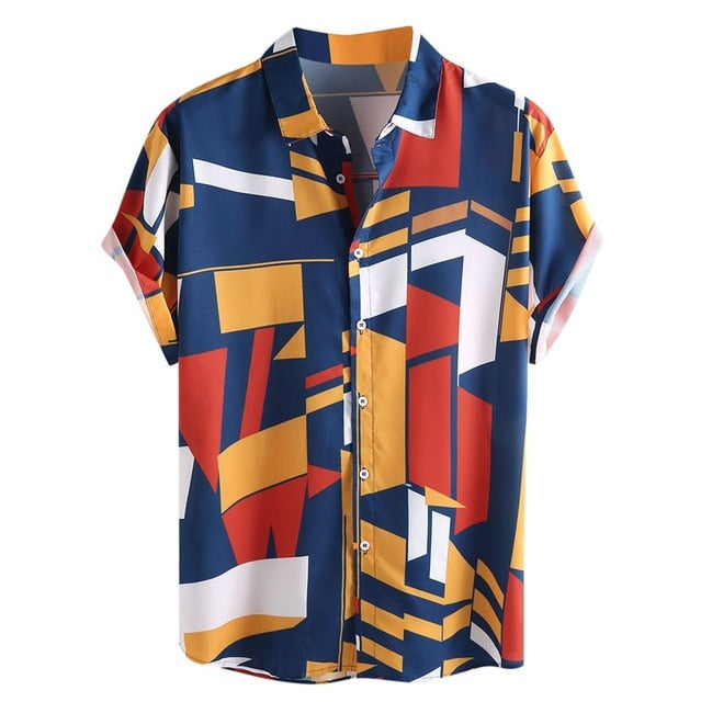 WholeSale 2019 Summer&Autum Men Contrast Color Geometric Print Turn Down Collar Short/Long Sleeve Loose Shirts Plus Size Camisa