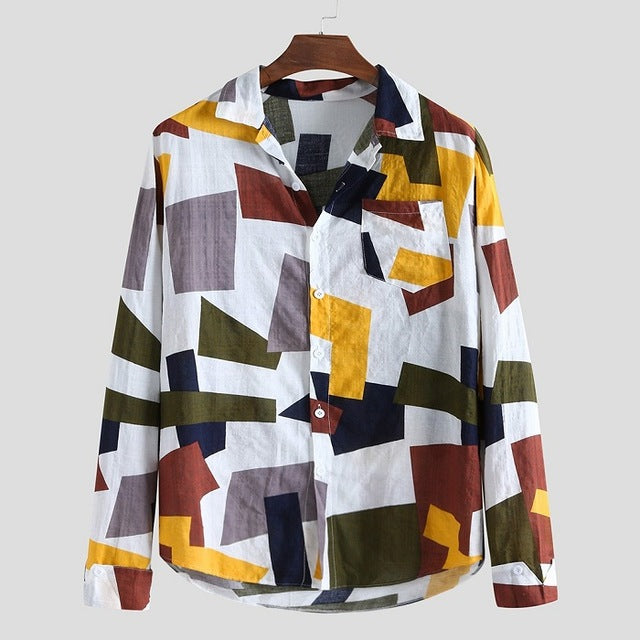 WholeSale 2019 Summer&Autum Men Contrast Color Geometric Print Turn Down Collar Short/Long Sleeve Loose Shirts Plus Size Camisa