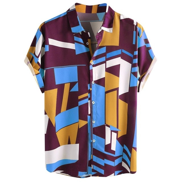 WholeSale 2019 Summer&Autum Men Contrast Color Geometric Print Turn Down Collar Short/Long Sleeve Loose Shirts Plus Size Camisa