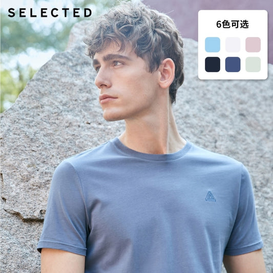 SELECTED Men's Summer 100% Cotton Pure Color Embroidered Short-sleeved T-shirt S|419201506