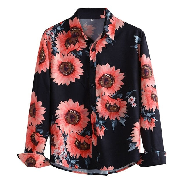 KLV Blouse SUMMER Fashion Men's Casual Printed Floral Long Sleeve Button Top Blouse Cloth Casual Collar Male Blouse 9515