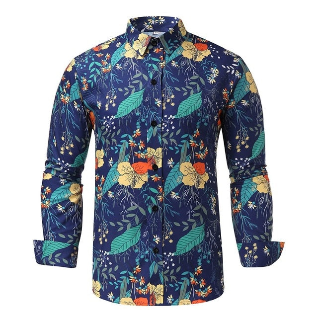 KLV Blouse SUMMER Fashion Men's Casual Printed Floral Long Sleeve Button Top Blouse Cloth Casual Collar Male Blouse 9515