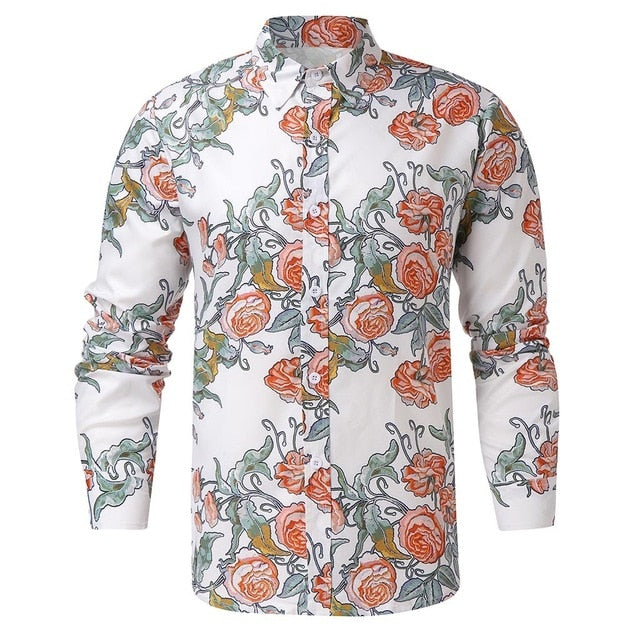 KLV Blouse SUMMER Fashion Men's Casual Printed Floral Long Sleeve Button Top Blouse Cloth Casual Collar Male Blouse 9515