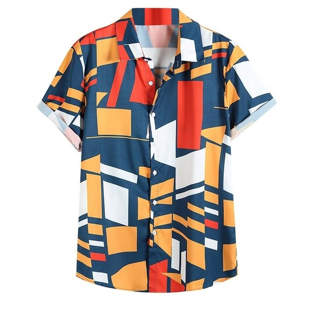 MUQGEW men summer fashion shirt Mens Contrast Color Geometric Printed Turn Down Collar Short Sleeve Loose Shirts camisa #g4