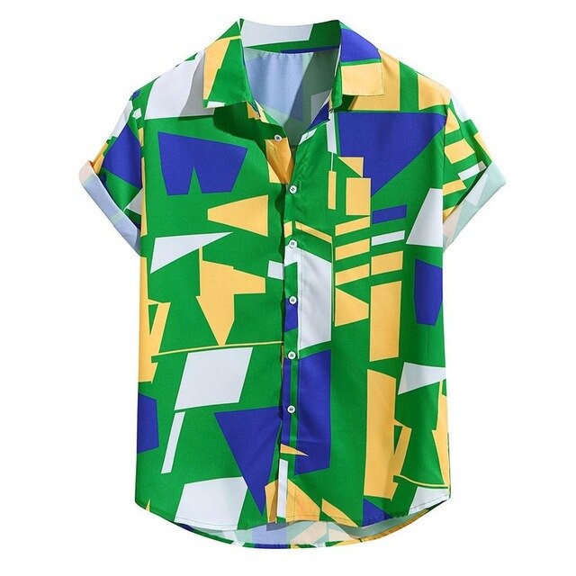 MUQGEW men summer fashion shirt Mens Contrast Color Geometric Printed Turn Down Collar Short Sleeve Loose Shirts camisa #g4