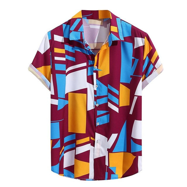 MUQGEW men summer fashion shirt Mens Contrast Color Geometric Printed Turn Down Collar Short Sleeve Loose Shirts camisa #g4