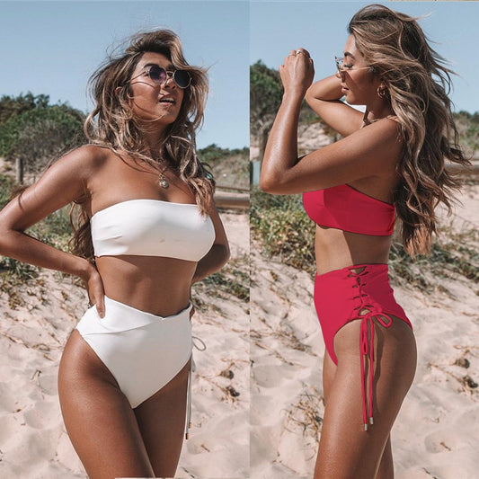 Solid Bikini Swimsuit Women Beachwear Set 2019 High Waist Bandage  Sexy Off Shoulder Swimming Bathing Suit Female Mujer Biquini