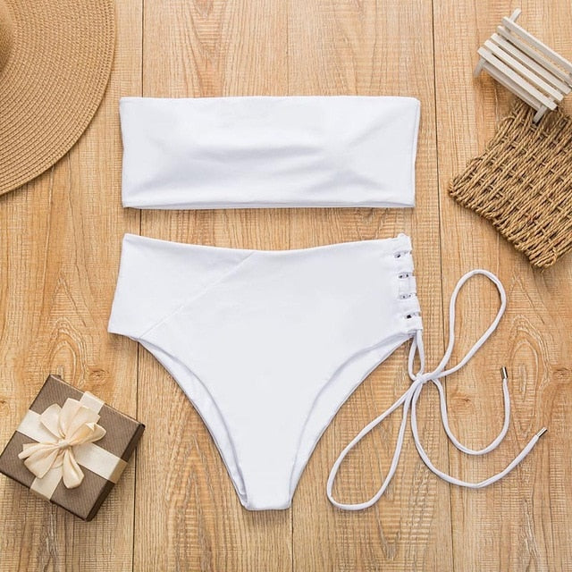 Solid Bikini Swimsuit Women Beachwear Set 2019 High Waist Bandage  Sexy Off Shoulder Swimming Bathing Suit Female Mujer Biquini