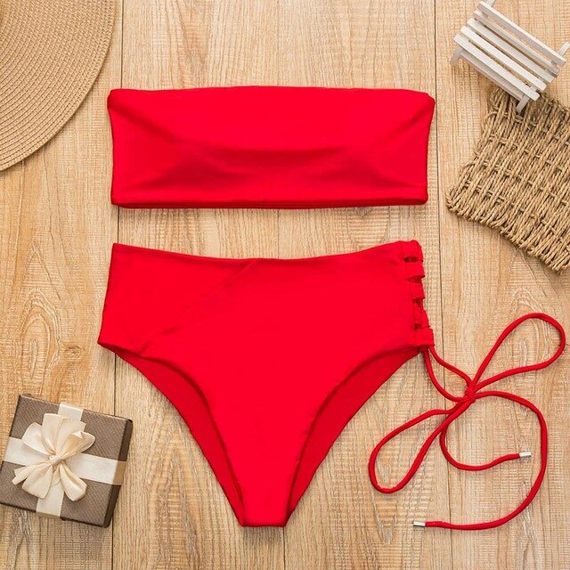 Solid Bikini Swimsuit Women Beachwear Set 2019 High Waist Bandage  Sexy Off Shoulder Swimming Bathing Suit Female Mujer Biquini