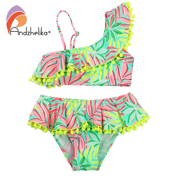 Andzhelika Bikini Children's Swimwear Ball Cute Lotus Leaf Dress Swimwear Two Piece Kid One Shoulder Swimsuit Girls Bathing Suit