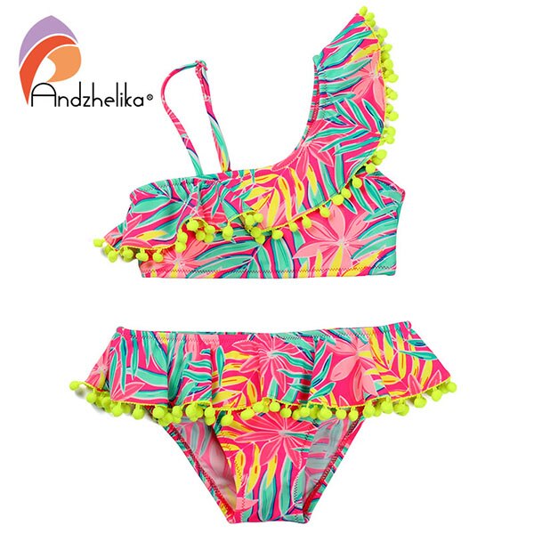 Andzhelika Bikini Children's Swimwear Ball Cute Lotus Leaf Dress Swimwear Two Piece Kid One Shoulder Swimsuit Girls Bathing Suit