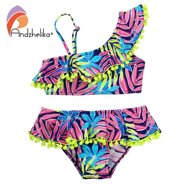 Andzhelika Bikini Children's Swimwear Ball Cute Lotus Leaf Dress Swimwear Two Piece Kid One Shoulder Swimsuit Girls Bathing Suit