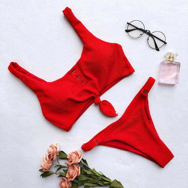 Sexy Knotted Scoop Ribbed Women Bikini Set 2019 Solid Button Bathing Suit Tankini  Push Up Maillot De Bain Swimsuit