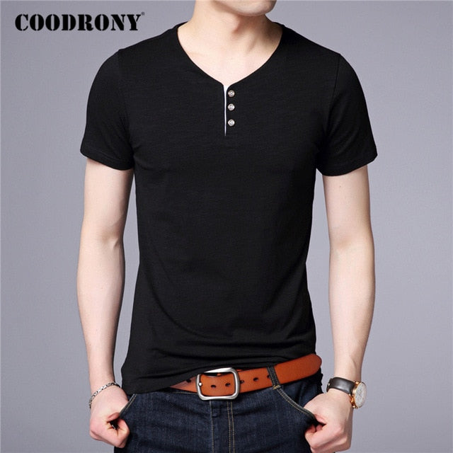 COODRONY Short Sleeve T Shirt Men Summer Streetwear Casual Cotton Tee Shirt Homme Fashion Button Henry Collar T-Shirt Men C5091S