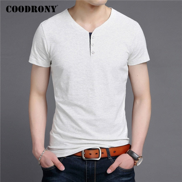 COODRONY Short Sleeve T Shirt Men Summer Streetwear Casual Cotton Tee Shirt Homme Fashion Button Henry Collar T-Shirt Men C5091S