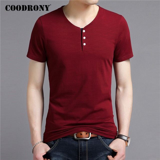 COODRONY Short Sleeve T Shirt Men Summer Streetwear Casual Cotton Tee Shirt Homme Fashion Button Henry Collar T-Shirt Men C5091S