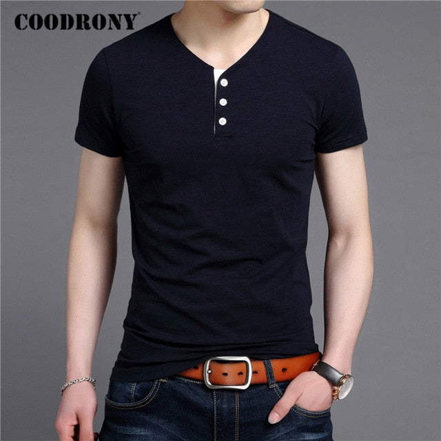 COODRONY Short Sleeve T Shirt Men Summer Streetwear Casual Cotton Tee Shirt Homme Fashion Button Henry Collar T-Shirt Men C5091S