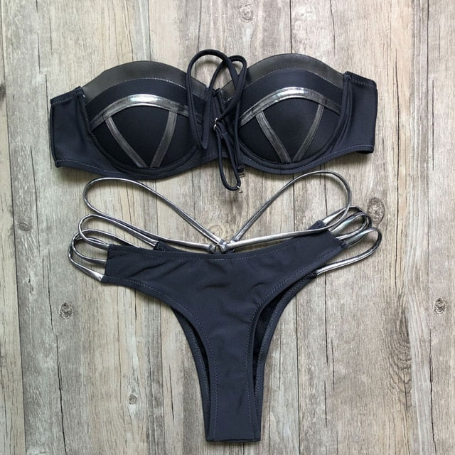 Sexy extreme bandage bikini set 2020 mujer new Gold Black Shiny brazilian push up Swimsuit Women Padded Bandeau Swimwear Biquini