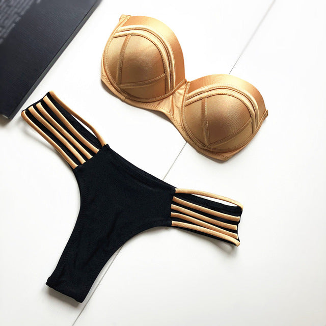 Sexy extreme bandage bikini set 2020 mujer new Gold Black Shiny brazilian push up Swimsuit Women Padded Bandeau Swimwear Biquini