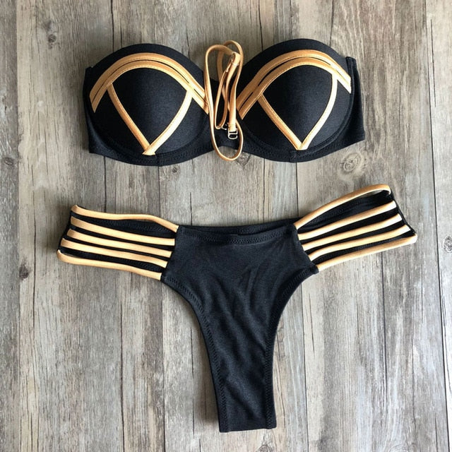 Sexy extreme bandage bikini set 2020 mujer new Gold Black Shiny brazilian push up Swimsuit Women Padded Bandeau Swimwear Biquini