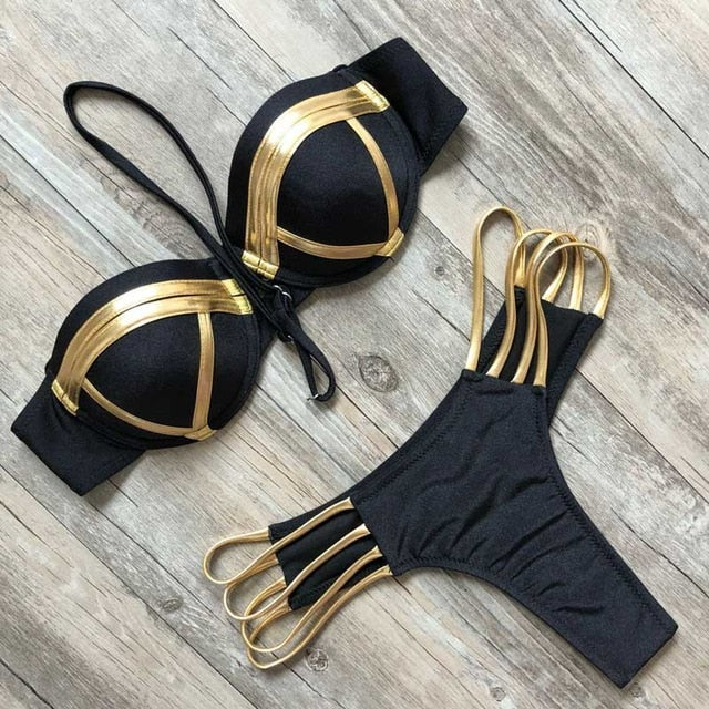 Sexy extreme bandage bikini set 2020 mujer new Gold Black Shiny brazilian push up Swimsuit Women Padded Bandeau Swimwear Biquini