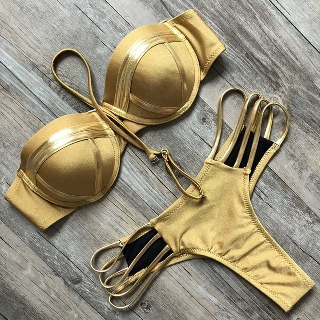 Sexy extreme bandage bikini set 2020 mujer new Gold Black Shiny brazilian push up Swimsuit Women Padded Bandeau Swimwear Biquini