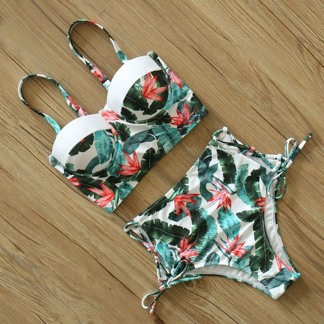 High Waist Bikini Set 2019 mujer Push Up Bandage Bikini Swimwear Women Floral Two Pieces Swimsuit Strappy biquinitraje de baño