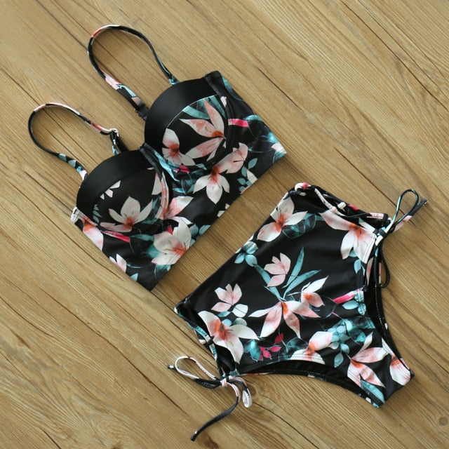 High Waist Bikini Set 2019 mujer Push Up Bandage Bikini Swimwear Women Floral Two Pieces Swimsuit Strappy biquinitraje de baño