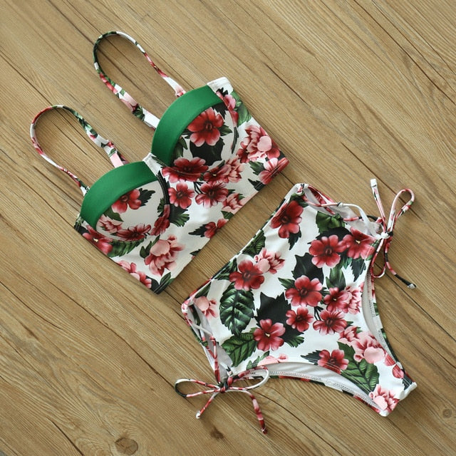 High Waist Bikini Set 2019 mujer Push Up Bandage Bikini Swimwear Women Floral Two Pieces Swimsuit Strappy biquinitraje de baño