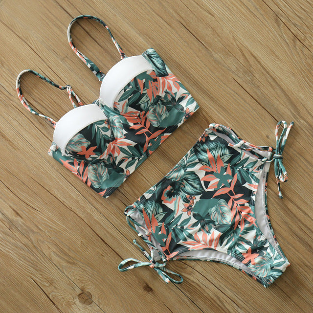 High Waist Bikini Set 2019 mujer Push Up Bandage Bikini Swimwear Women Floral Two Pieces Swimsuit Strappy biquinitraje de baño