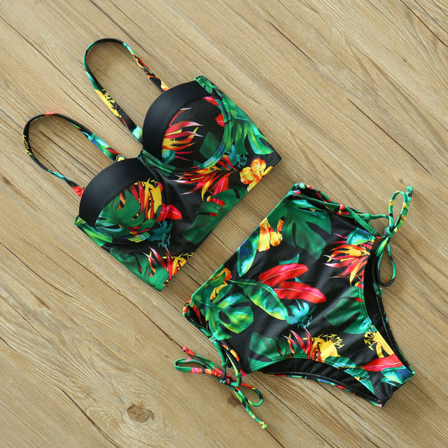 High Waist Bikini Set 2019 mujer Push Up Bandage Bikini Swimwear Women Floral Two Pieces Swimsuit Strappy biquinitraje de baño