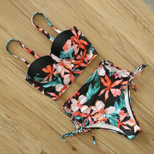 High Waist Bikini Set 2019 mujer Push Up Bandage Bikini Swimwear Women Floral Two Pieces Swimsuit Strappy biquinitraje de baño