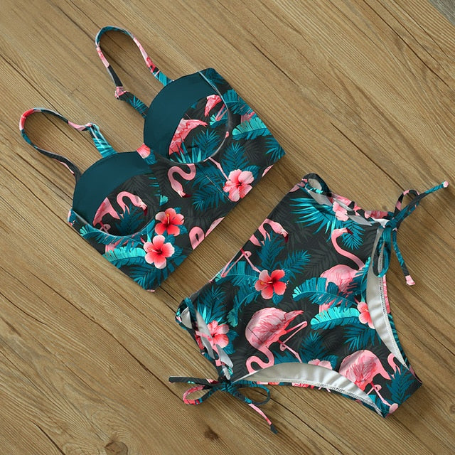 High Waist Bikini Set 2019 mujer Push Up Bandage Bikini Swimwear Women Floral Two Pieces Swimsuit Strappy biquinitraje de baño