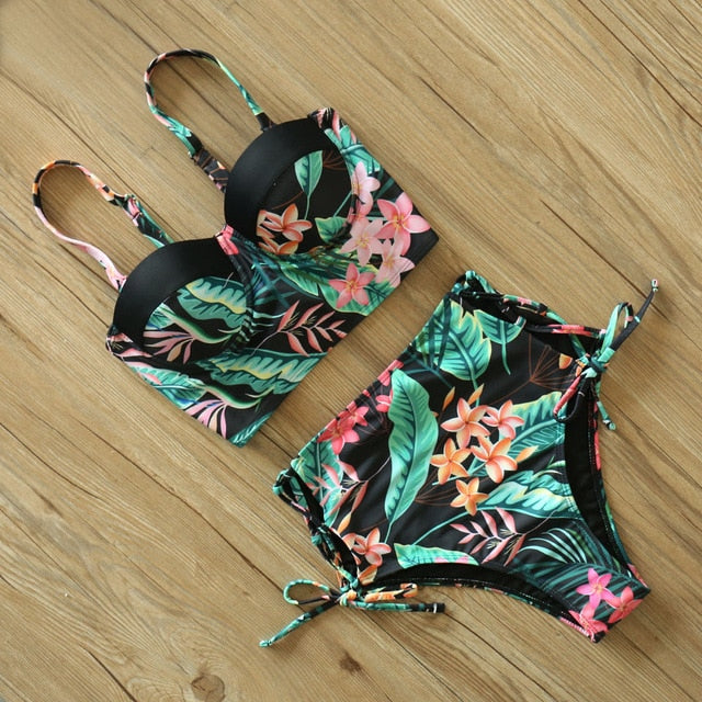 High Waist Bikini Set 2019 mujer Push Up Bandage Bikini Swimwear Women Floral Two Pieces Swimsuit Strappy biquinitraje de baño