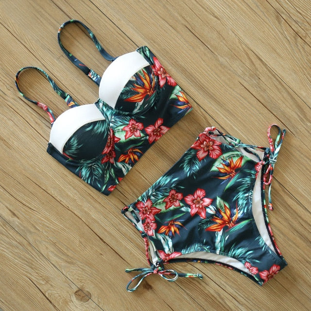 High Waist Bikini Set 2019 mujer Push Up Bandage Bikini Swimwear Women Floral Two Pieces Swimsuit Strappy biquinitraje de baño