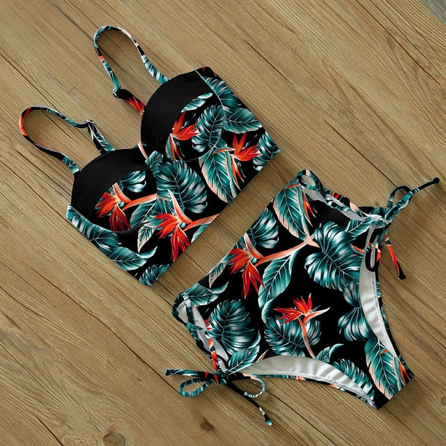 High Waist Bikini Set 2019 mujer Push Up Bandage Bikini Swimwear Women Floral Two Pieces Swimsuit Strappy biquinitraje de baño