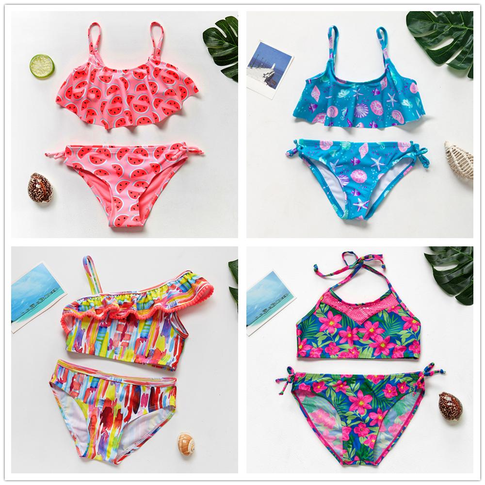 2~16Year Girls Swimsuit Kids Swimwear Cute print Kids Bikini Sets Ruffle style Children swimwear Kids Beach wear-ST110MIX