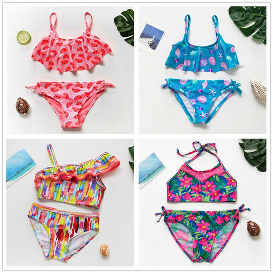 2~16Year Girls Swimsuit Kids Swimwear Cute print Kids Bikini Sets Ruffle style Children swimwear Kids Beach wear-ST110MIX