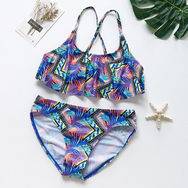 2~16Year Girls Swimsuit Kids Swimwear Cute print Kids Bikini Sets Ruffle style Children swimwear Kids Beach wear-ST110MIX