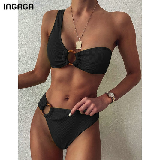 INGAGA One Shoulder Bikinis Swimsuits High Waist Swimwear Women 2020 Black Biquini Bathing Suit Women Summer New Ring Beachwear