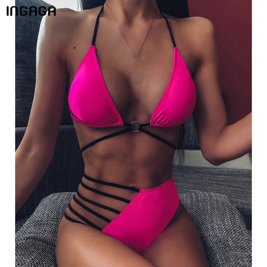 INGAGA High Waist Bikinis Set 2020 Swimsuits Push Up Swimwear Women String Halter Biquini Brazilian Leopard Bathing Suit Women