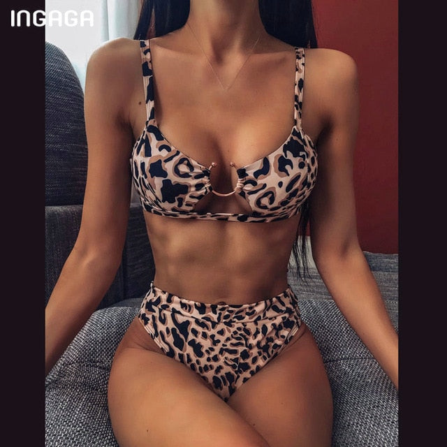 INGAGA High Waist Bikinis Set 2020 Swimsuits Push Up Swimwear Women String Halter Biquini Brazilian Leopard Bathing Suit Women