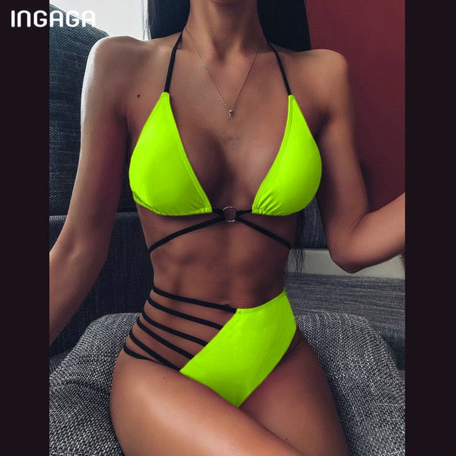 INGAGA High Waist Bikinis Set 2020 Swimsuits Push Up Swimwear Women String Halter Biquini Brazilian Leopard Bathing Suit Women