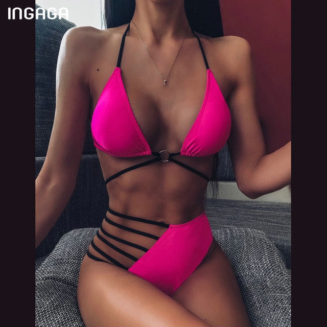 INGAGA High Waist Bikinis Set 2020 Swimsuits Push Up Swimwear Women String Halter Biquini Brazilian Leopard Bathing Suit Women