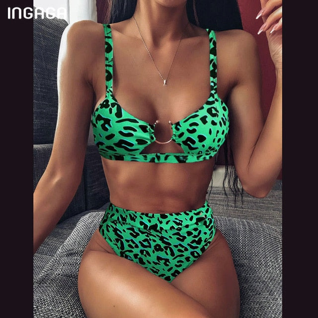 INGAGA High Waist Bikinis Set 2020 Swimsuits Push Up Swimwear Women String Halter Biquini Brazilian Leopard Bathing Suit Women