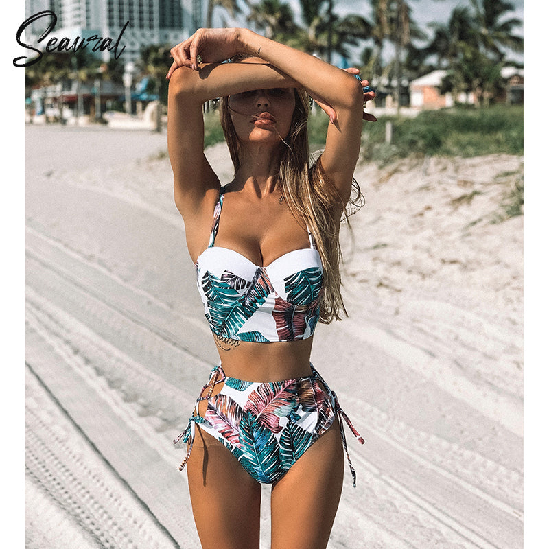 High Waist Bikini Set 2019 mujer Push Up Bandage Bikini Swimwear Women Floral Two Pieces Swimsuit Strappy biquinitraje de baño