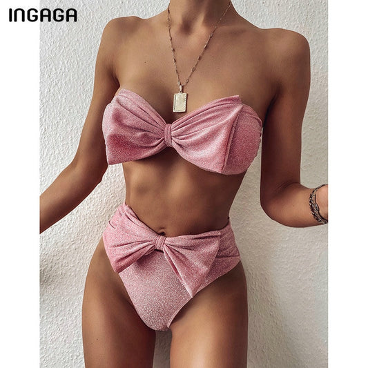 INGAGA High Waist Bikinis 2020 Swimsuits Bandeau Swimwear Women Shiny Bow Biquini Solid Strapless Bathers Bathing Suit Women New