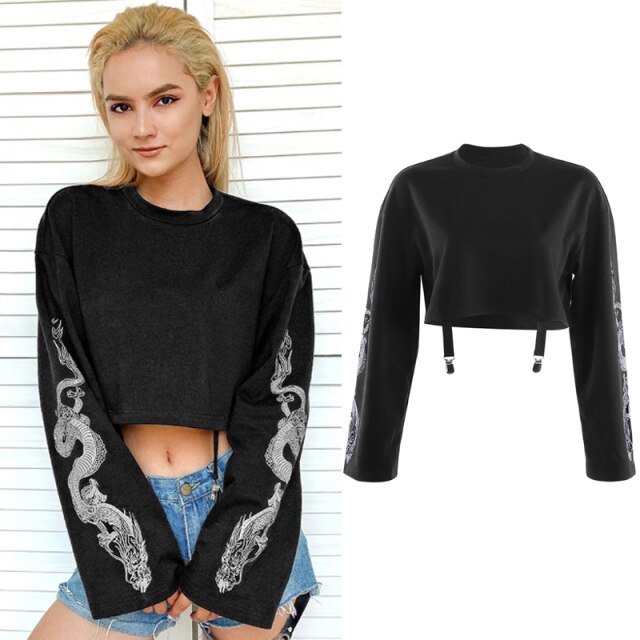 Dragon Flaming  Print Patchwork Mesh Sleeve T-shirt Women Gothic Harajuku Girls Black Long Sleeve Boyfriend Top Tees Iamhotty